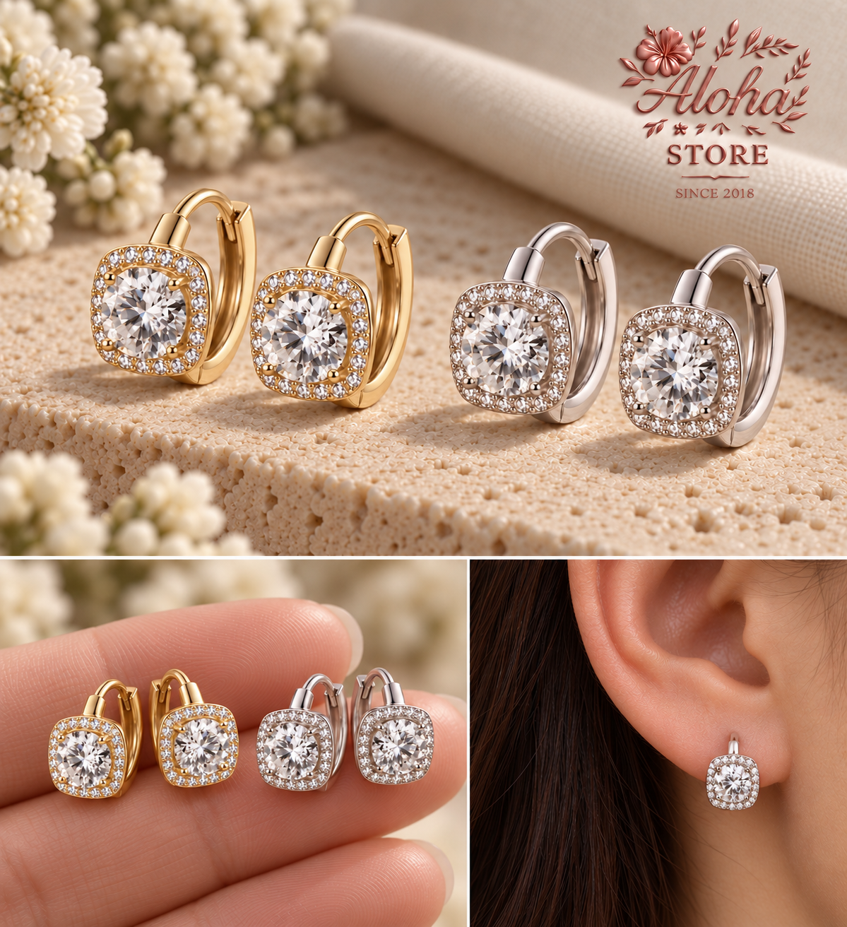Moissanite Halo Hoop Earrings in S925 Sterling Silver A.