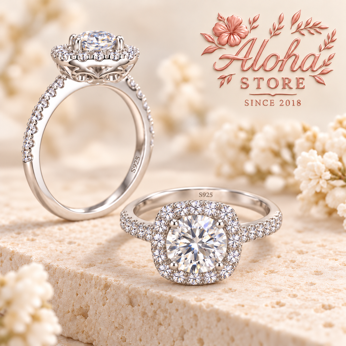 2 ct Moissanite Halo Ring in 925 Sterling Silver