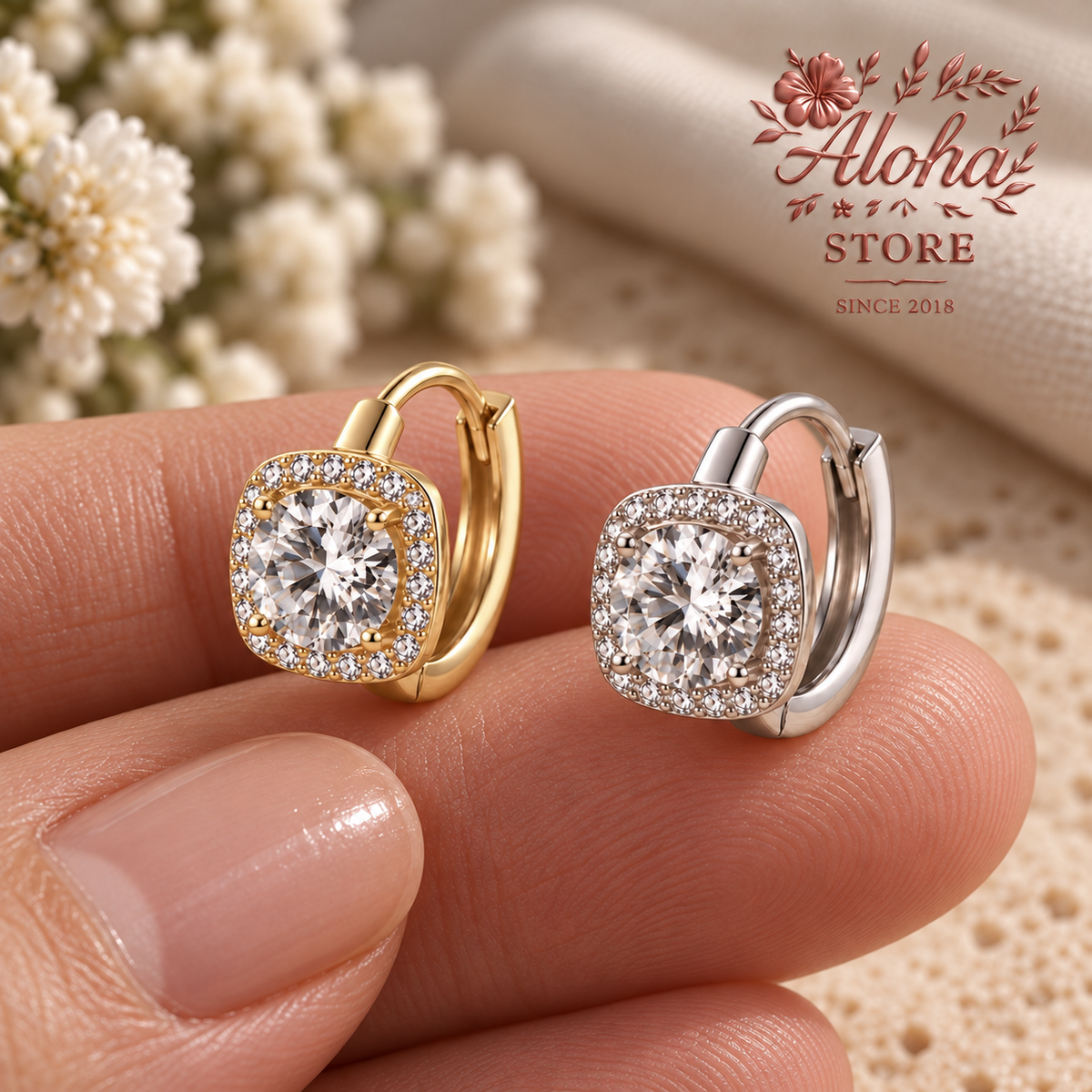 Moissanite Halo Hoop Earrings in S925 Sterling Silver A.