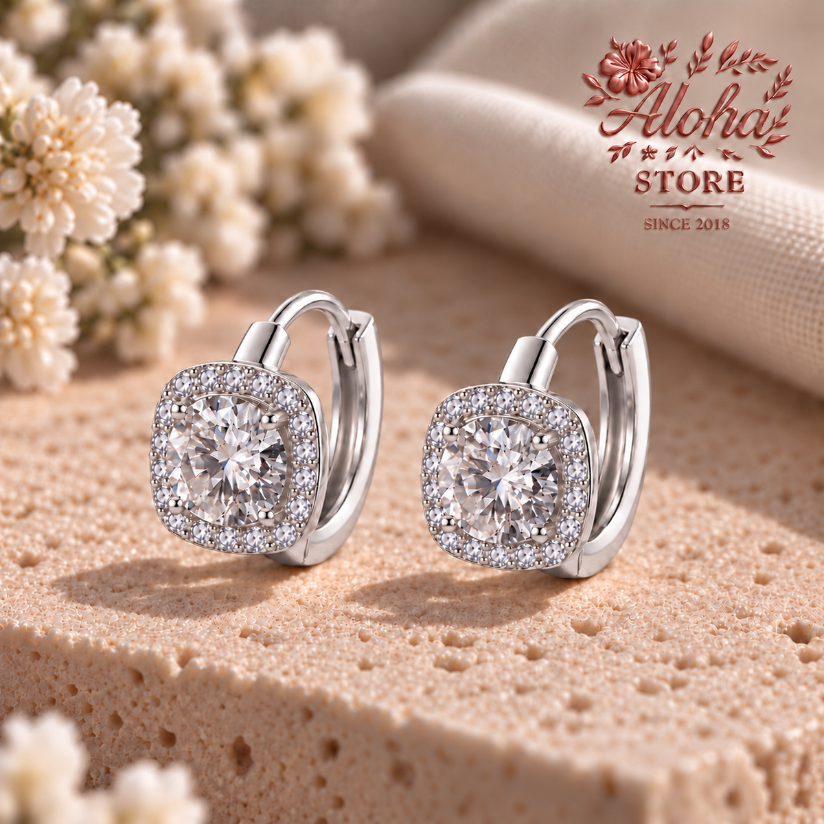 Moissanite Halo Hoop Earrings in S925 Sterling Silver A.